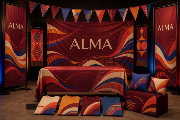 Montaje completo de marca en tela: tapiz de fondo, banderolas, banderines, mantel y camisetas impresas